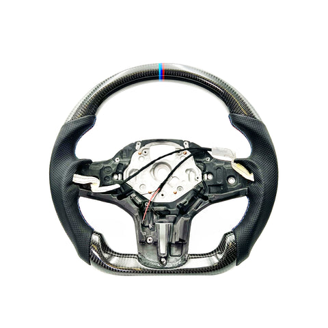BMW G8X G2X Full Carbon Fiber Steering wheel , Side Perforated Leather , M stitching , tri color stripe. Heated